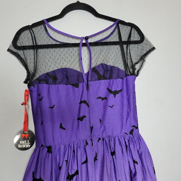 Purple Rockabilly Goth Punk Halloween Dress Bats Haunted House Print Sheer Mesh - Picture 7 of 11